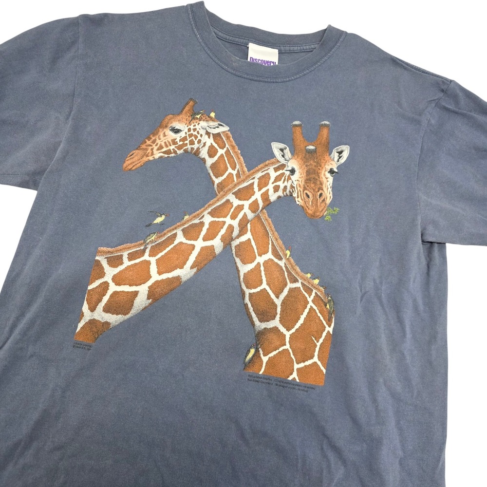 Vintage 1999 Discovery Channel‎ Giraffe T-Shirt Liberty Graphics Blue Gray Large